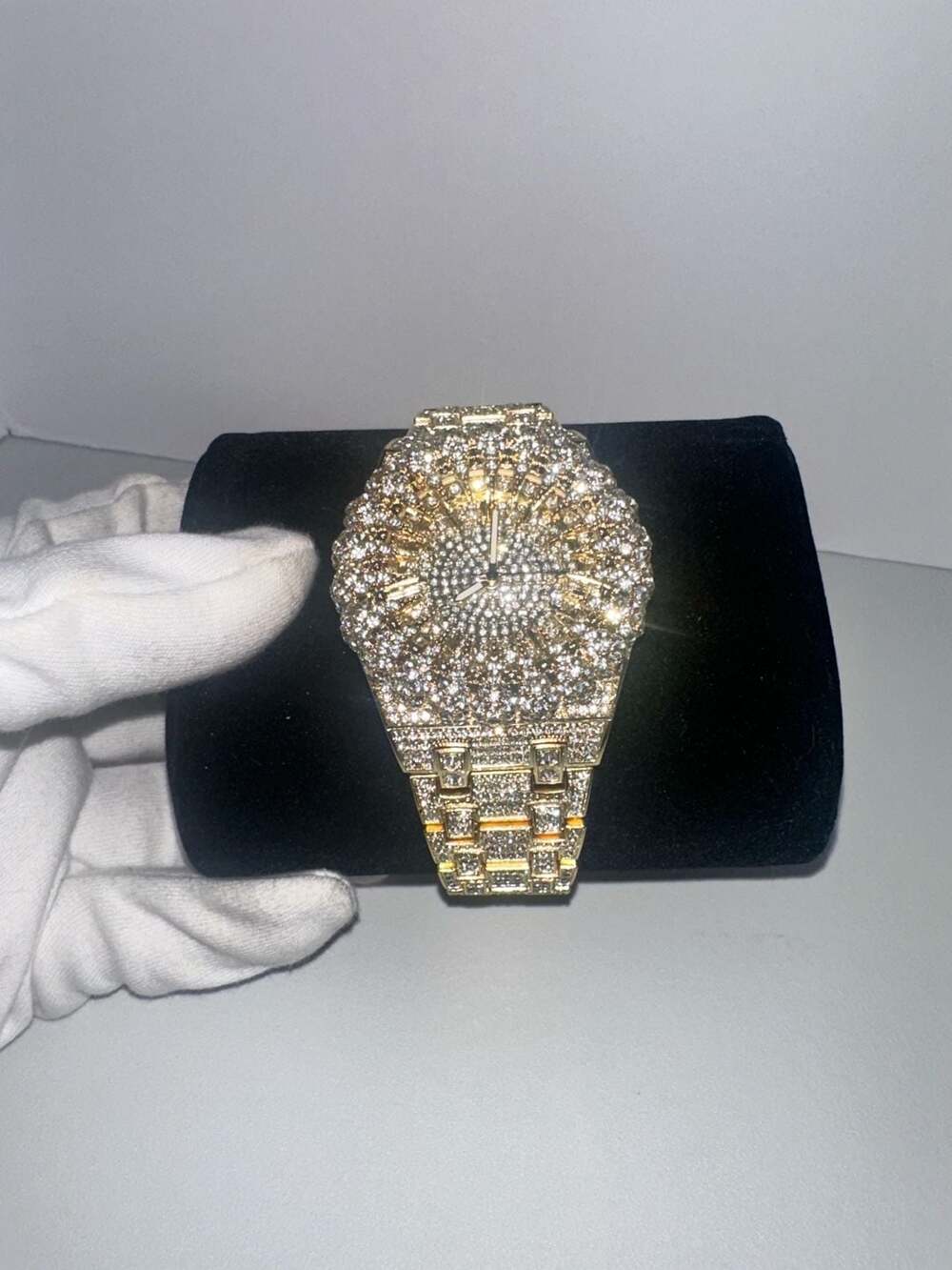 Gold-Tone Iced Out Rhinestone Fashion Watch – Sunburst Bezel